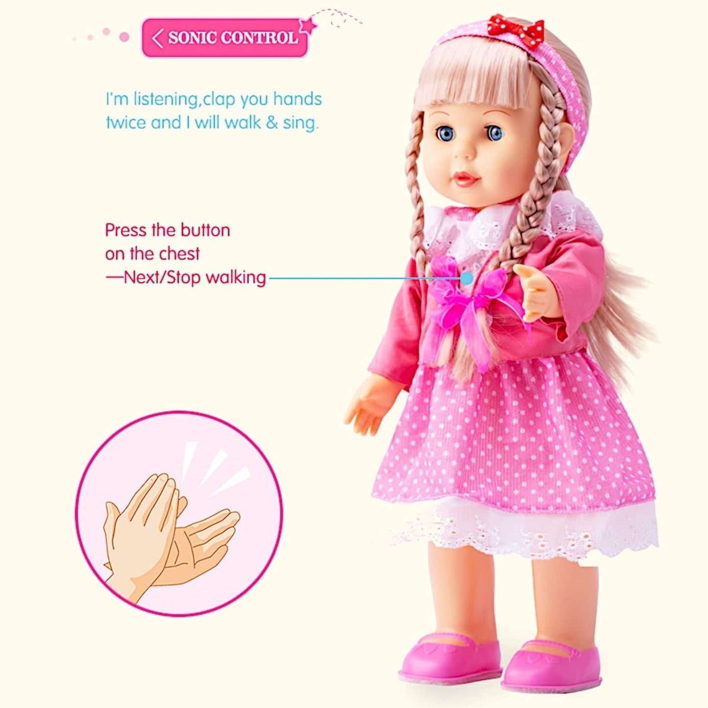 Walking Talking Doll Sonic Control 12 Inch Blonde Princess, Clap Activated Sings Walks Talks, Blinking Blue Eyes