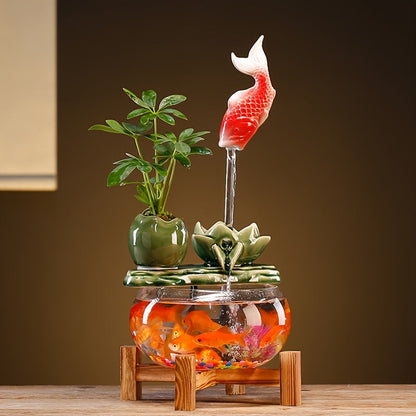 USB Desktop Fish Waterfall Fountain with Glass Bowl, Relaxing Indoor Water Feature Tabletop Decor Zen Fountain Gift