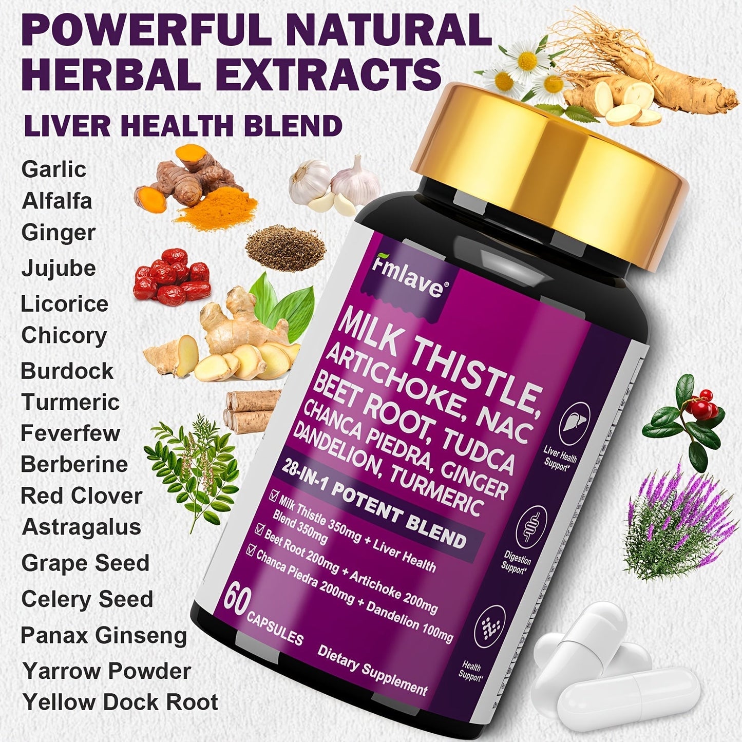 Liver Support Supplement 28-in-1 Ultimate Herbal Blend, Milk Thistle, Dandelion & Turmeric for Liver Cleanse