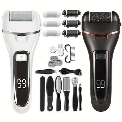 Electric Pedicure Foot File 10-in-1 Kit, Rechargeable with Digital Display, 3 Roller Heads