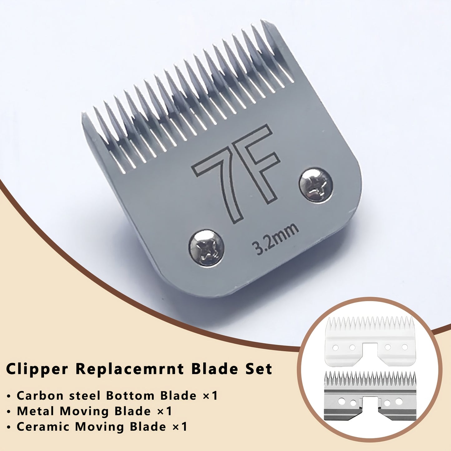 Dog Clipper Replacement Blades – Ceramic & Carbon Steel Detachable Blades in 5 Sizes (3F/4F/5F/7F/10#) | Compatible with Andis AG/AGC