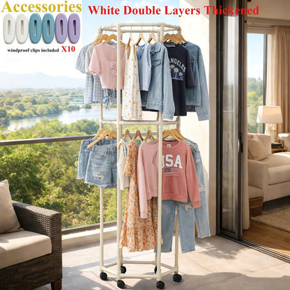 Rolling Hexagon Clothes Drying Rack 1 or 2 Layer, Sturdy Metal Floor Stand with Wheels, Multi-Bar & 10 Clips