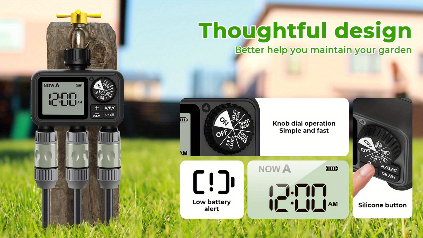 3-Zone Sprinkler Timer with Auto/Manual/Rain Delay Modes, Programmable Garden Hose Irrigation Controller