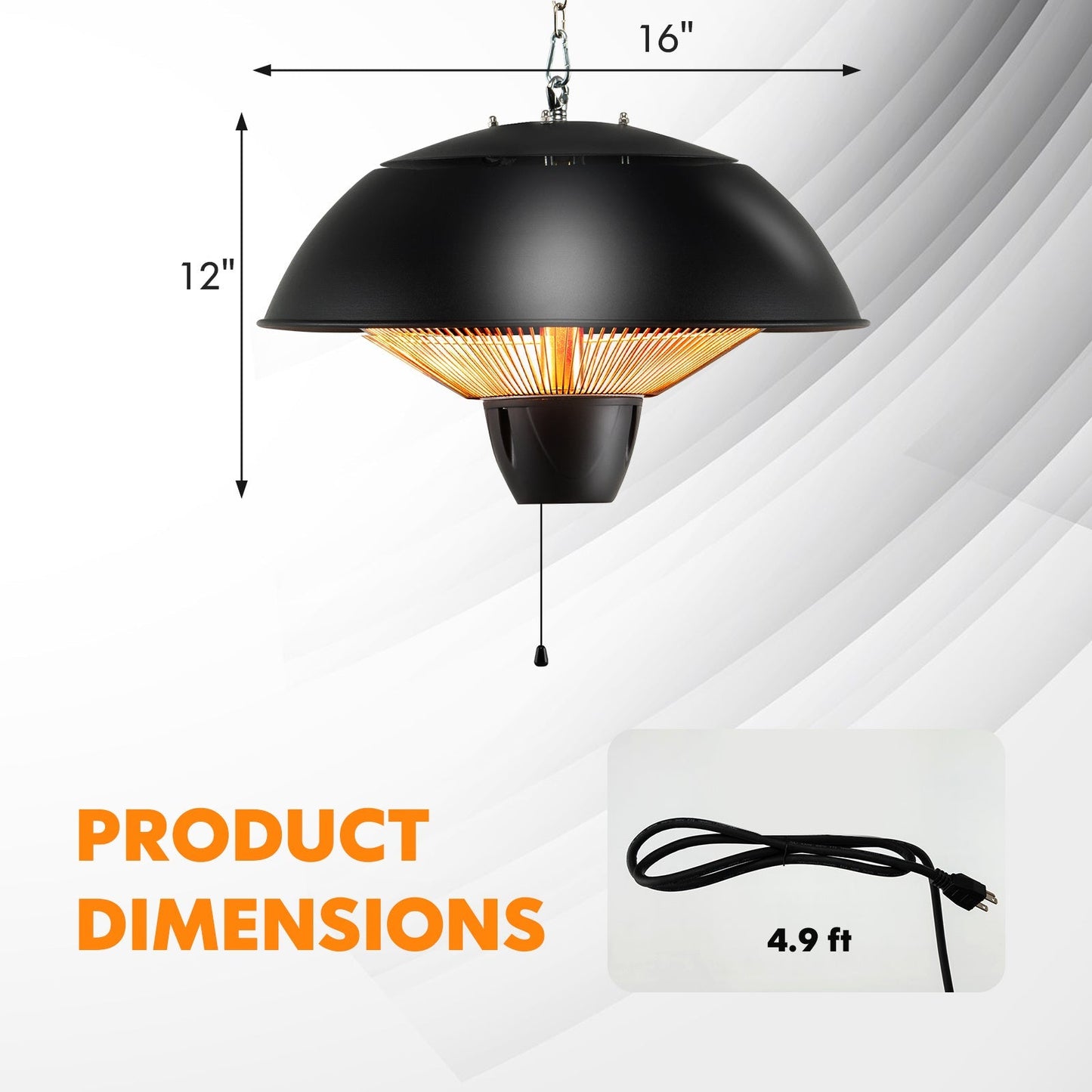 Hanging Patio Heater 1500W Electric Ceiling Mounted Heater with Halogen Tubes, 360° Coverage, Adjustable 23" Chain