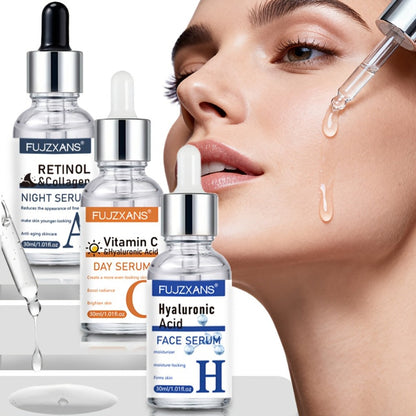 Vitamin C Retinol Hyaluronic Acid Serum Set, 3-Piece Day & Night Dropper Kit with Collagen & Glycerol