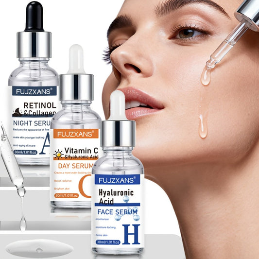 Vitamin C Retinol Hyaluronic Acid Serum Set, 3-Piece Day & Night Dropper Kit with Collagen & Glycerol