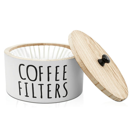 Wooden Coffee Filter Holder with Lid – Large Capacity Rustic Round Organizer Dispenser for Coffee Filters & Tea Bags, Bamboo Lid