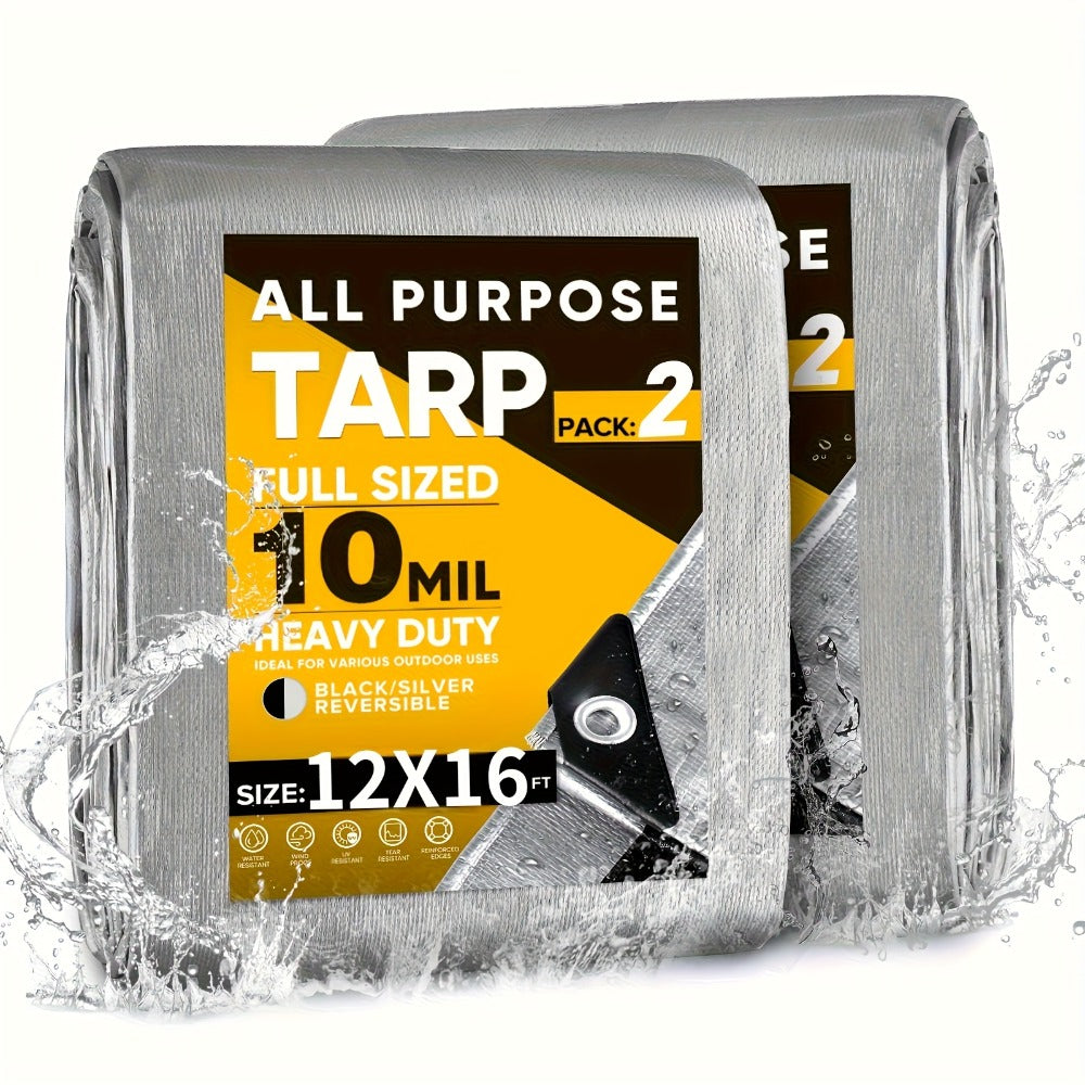 Tarp 2-Pack 10Mil 150GSM Black Silver, Tear-Proof Polyethylene Cover with Reinforced Grommets for Roof Pool Boat Car Camping & Outdoor