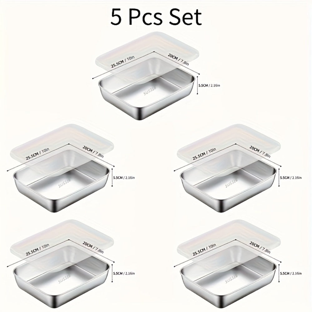 Storage Containers with Lids, Five-Piece Stainless Steel Plate Set with Five Flip-Top Lids for Hand Washing