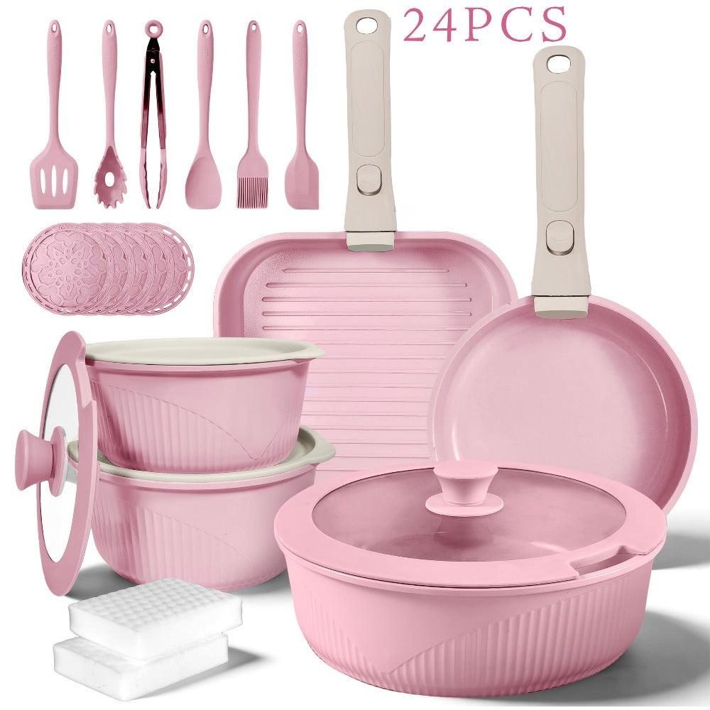Detachable-Handle Cookware Set in 5-, 7- or 24-Piece Configurations with Stackable Pots, Pans and Lids