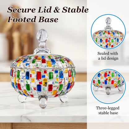 Crystal Glass Candy Dish with Lid & Tongs – Hand-Painted Colorful Candy Box, Jewelry Storage Jar, Christmas Gift for Family & Friends |