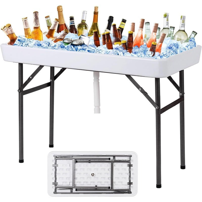 Ice Table Folding 4 ft Portable Cooler Table with Drain & Removable Skirt, Fill and Chill Party Beverage Station for BBQ