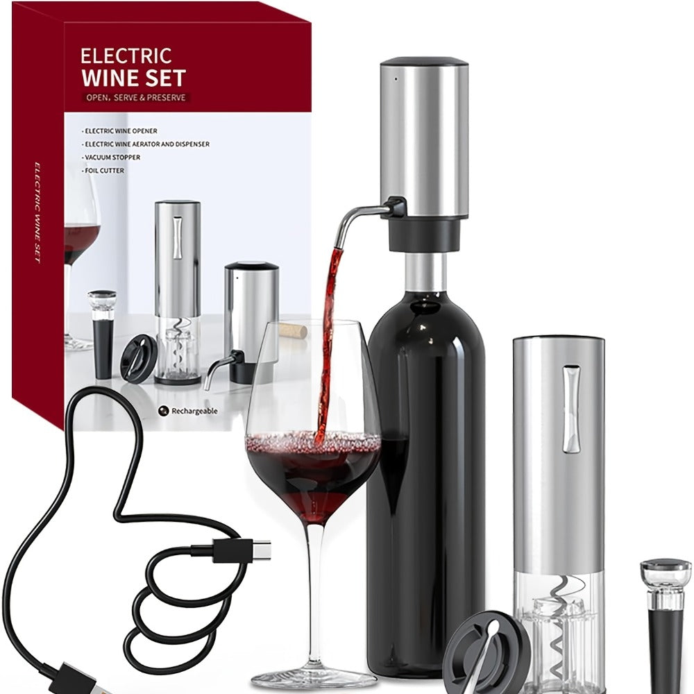Electric Wine Opener Gift Set 7-in-1 Rechargeable Automatic Corkscrew Stainless Steel with Aerator Pourer Vacuum Stoppers Foil Cutter