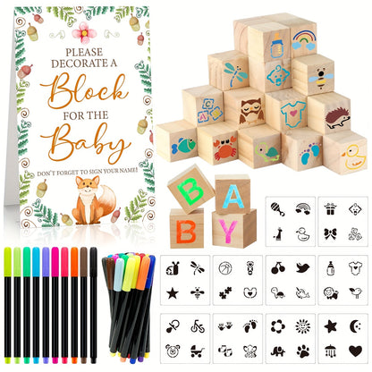 Wooden Block Stacking Game Party Kit 51pcs 30pcs – Baby Shower Tumbling Tower Decoration Sign Set Classic Flower Greenery Fox Bear Style No