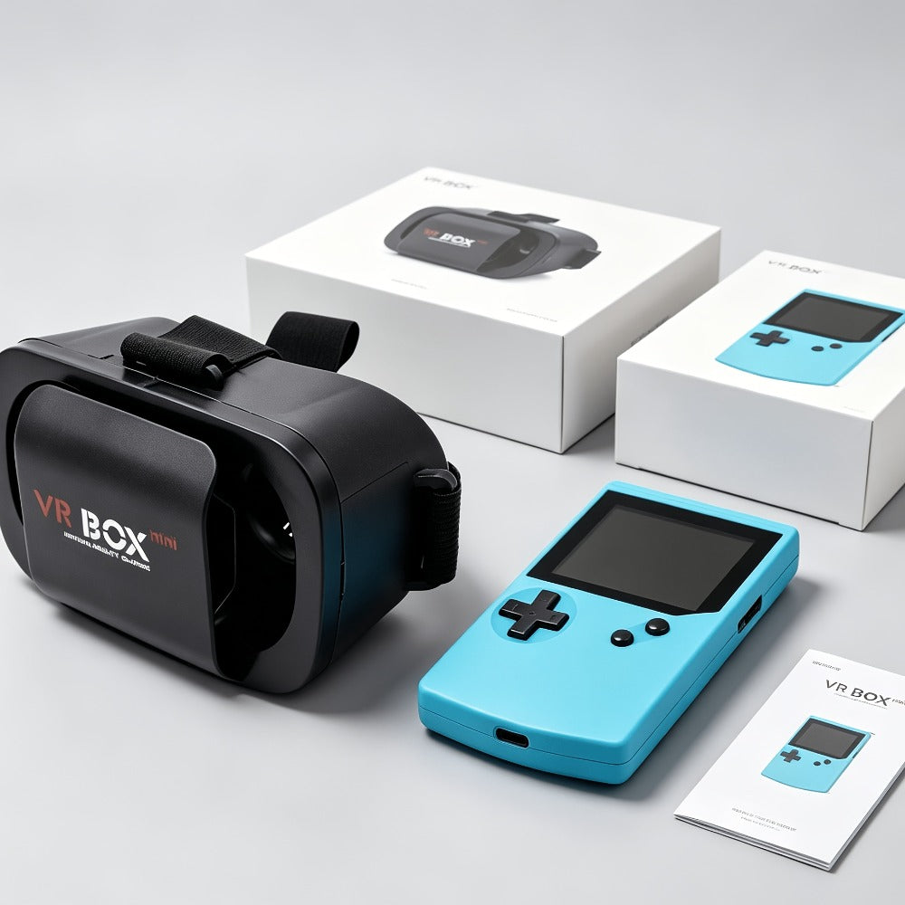 VR Headset & Retro Handheld Game Console Set, Mini 3D HD Virtual Reality Glasses with Portable Game Console