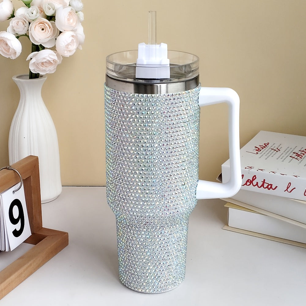 Rhinestone-Covered 40oz Stainless Steel Tumbler with Handle, Straw Lid and Textured Silver Finish