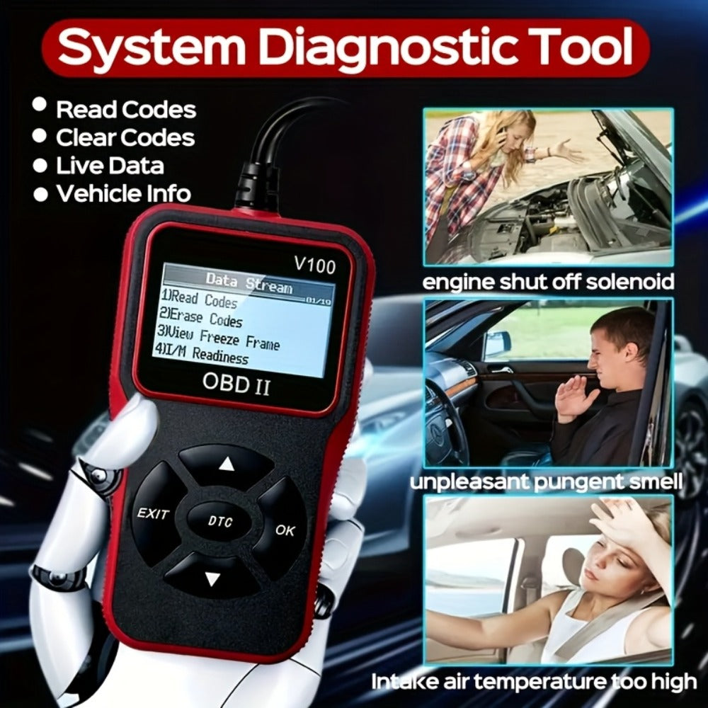V100 OBD2 Scanner with Four-Line Menu, 12.4 x 7cm Body, Tethered 16-Pin Plug and Four Color Options