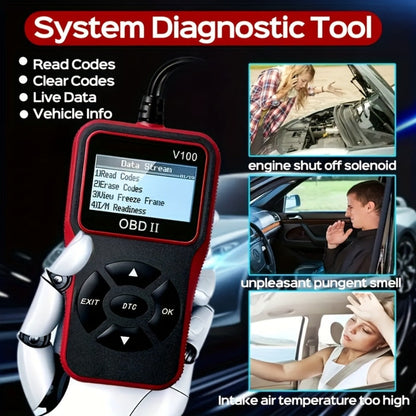 V100 OBD2 Scanner with Four-Line Menu, 12.4 x 7cm Body, Tethered 16-Pin Plug and Four Color Options