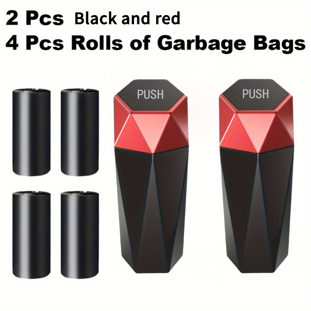 Diamond-Pattern Mini Car Trash Can Pair with Four Bag Rolls, Push Lids and Four Color Choices