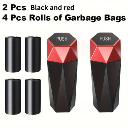 Diamond-Pattern Mini Car Trash Can Pair with Four Bag Rolls, Push Lids and Four Color Choices