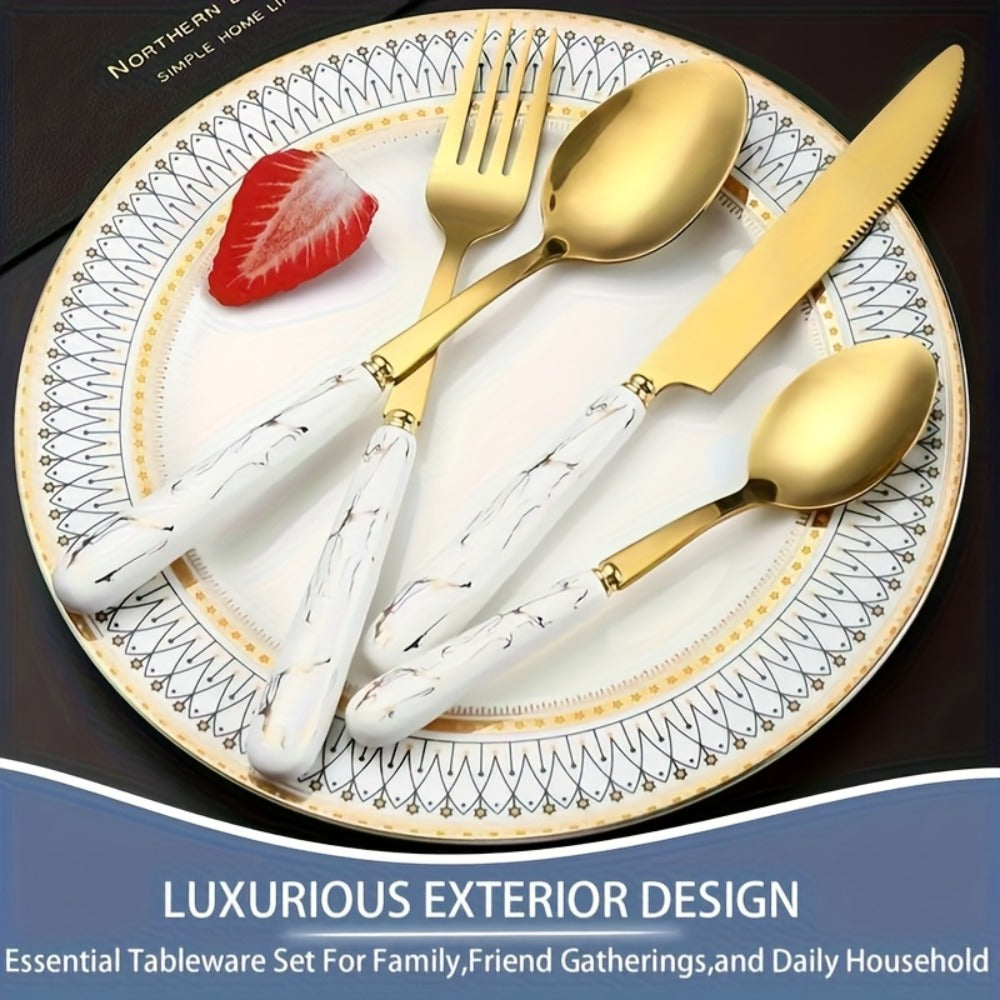 Marble Pattern Cutlery Set 24pcs – Dinner Forks Soup Spoons Teaspoons for Home Hotel Restaurant