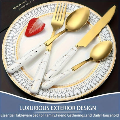 Marble Pattern Cutlery Set 24pcs – Dinner Forks Soup Spoons Teaspoons for Home Hotel Restaurant