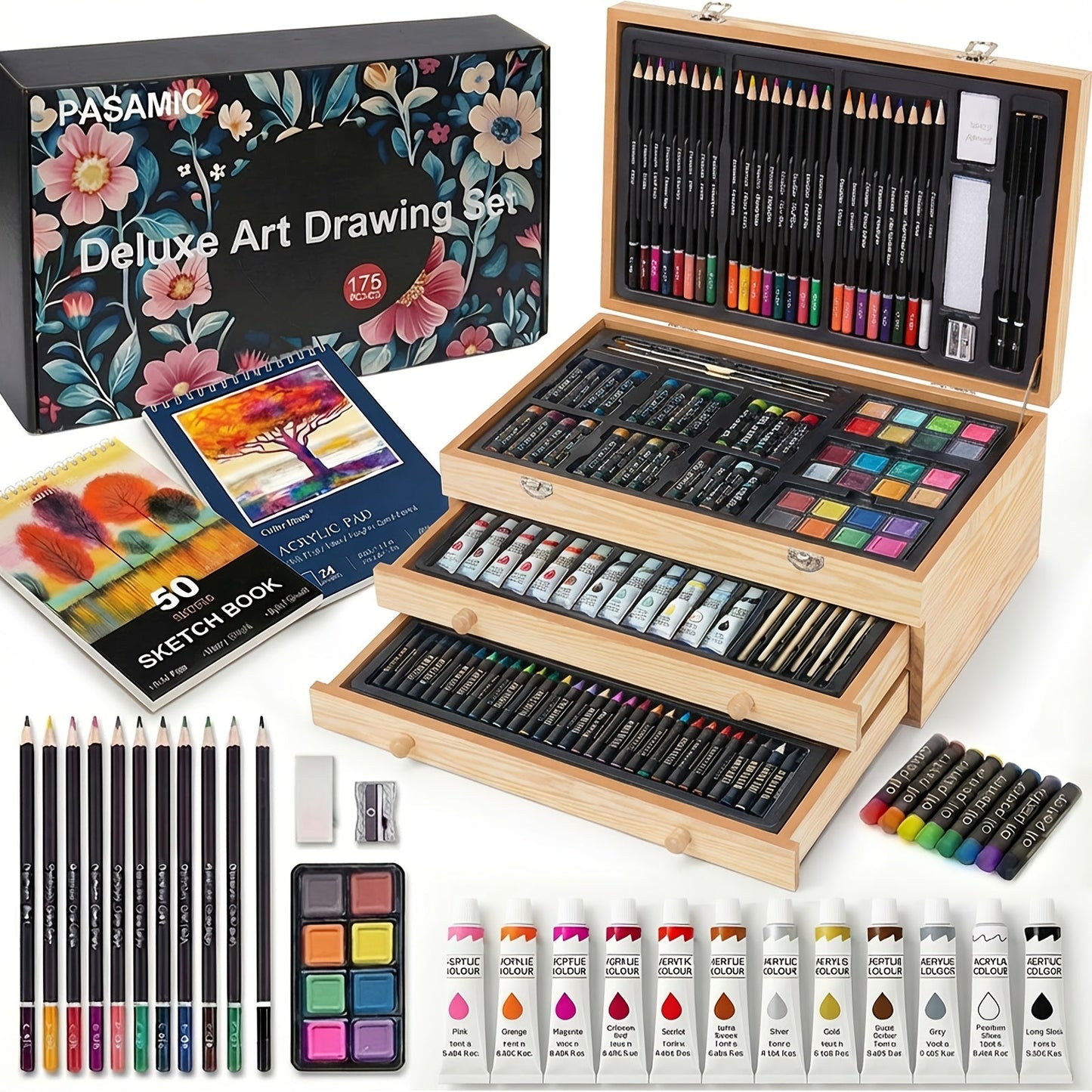 172 Piece Deluxe Art Set in Wooden Case with 2 Drawing Pads Crayons Acrylic with the Listed Color, Size or Set Options for Everyday Use