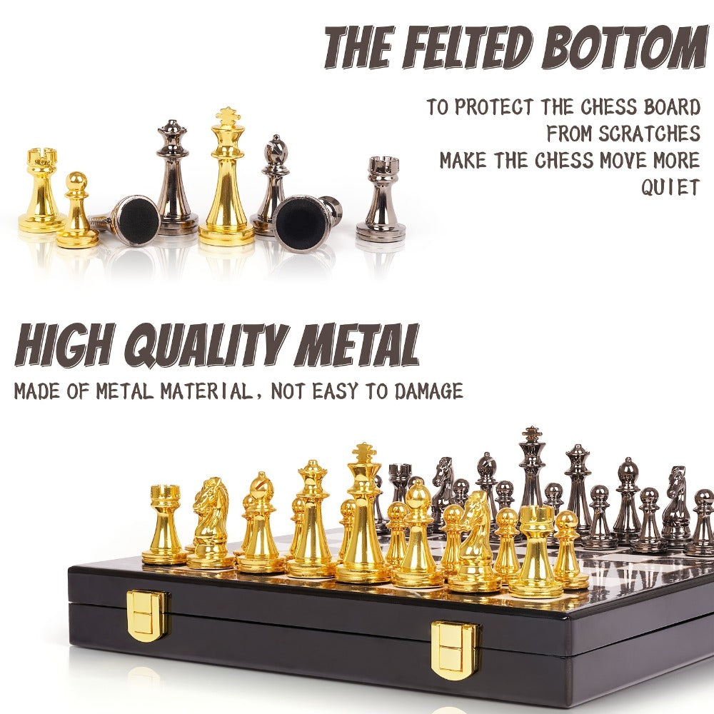 Luxury Metal Chess Set with Marble Board – Zinc Alloy Gunmetal & Gold Pieces Extra Queens 11.5" Elegant Chessboard Gift for Adults Beginners