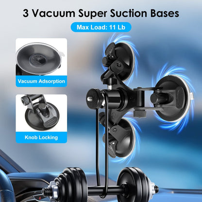 Suction Cup Camera Mount with 3 Bases – Universal 360° Ball Head Car Camera Holder for GoPro Hero 10 9 8 7, Action Cameras