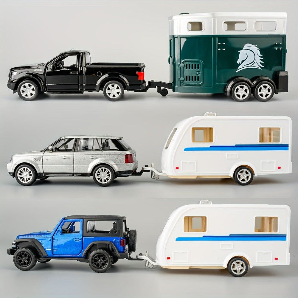 RMZCity 1:36 Scale Zinc Alloy Pull Back Car with Horse Trailer & Horse Vehicle, Openable Doors Diecast Toy Set for Kids & Adults