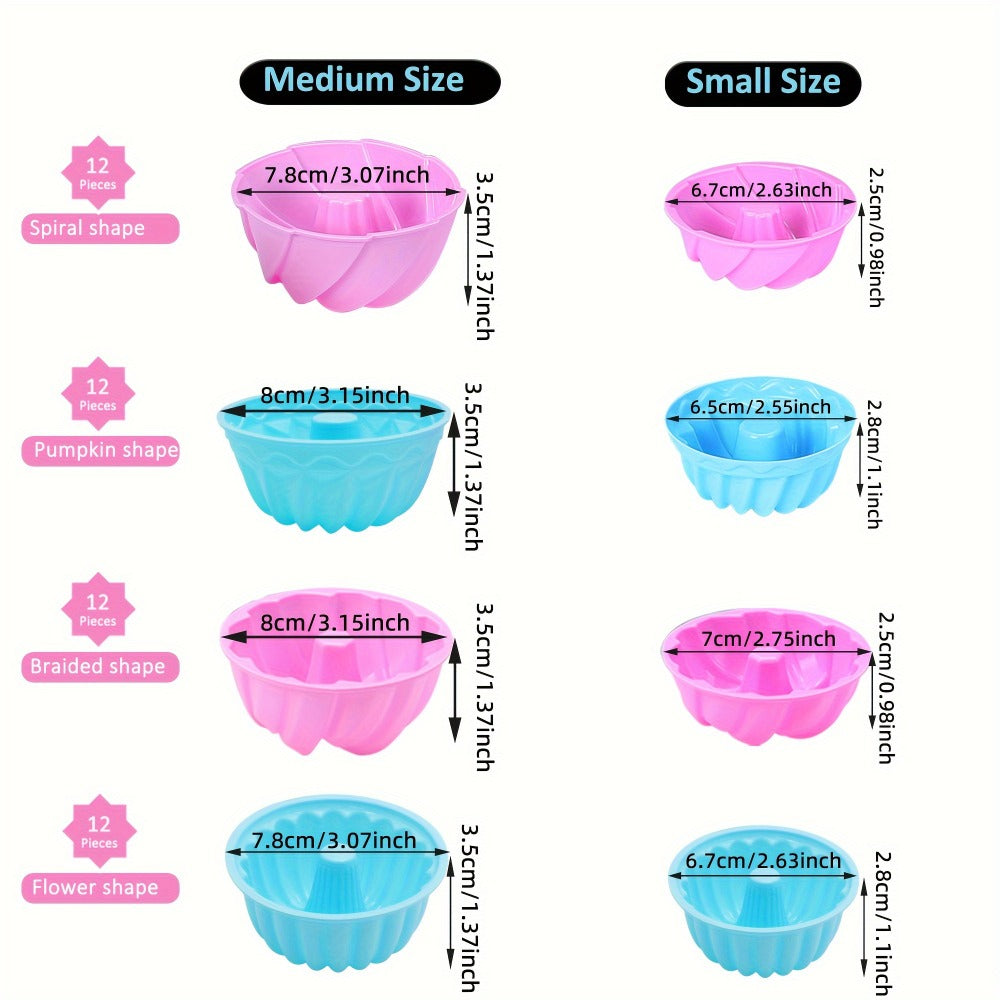 Silicone Donut Mold 48pcs, Nonstick Silicone Baking Cups with 4 Shapes (Thread, Woven, Pumpkin, Flower), Muffin Jello Bagel Pan