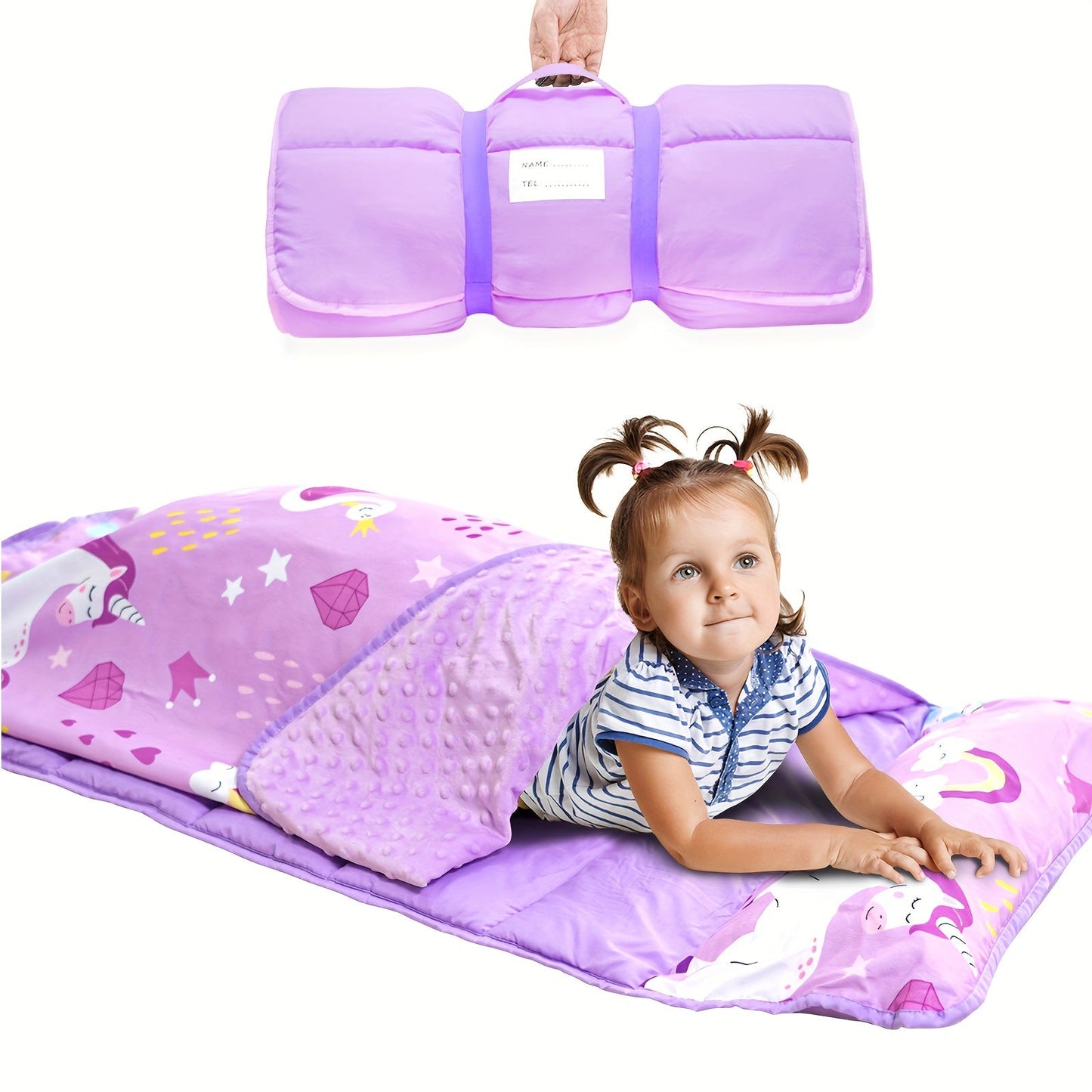 Kids Nap Mat with Pillow Foldable Minky Dot Cooling Breathable Portable Preschool Daycare Mat for Entryways, Bedrooms and Living Spaces