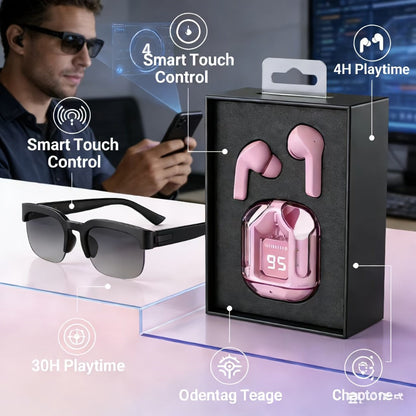 AI Translation Glasses & Wireless Headphones Bundle, Real-Time Multi-Language Translation, HiFi Audio