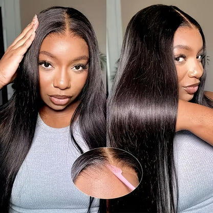 Wig Bone-Straight Glueless Human Hair in Natural Black, 10-34 Inch Options with Pre-Cut 6x4.5 Lace