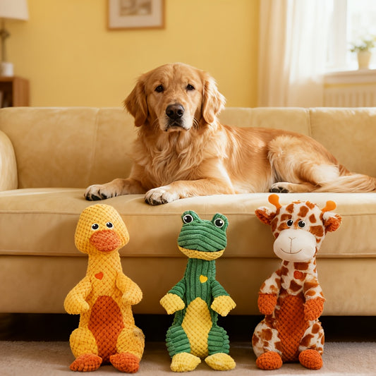 Squeaky Plush Dog Toy with Animal Print – Durable Cartoon Chew Toy for Aggressive Chewers, Interactive Tug of War Toy for All Breeds