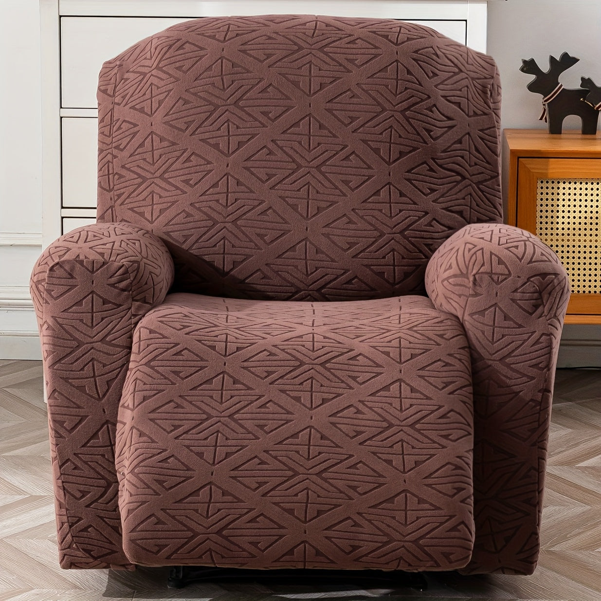 Four-Piece Geometric Jacquard Recliner Chair Cover Set with Labeled Left, Right, Back and Front Sections