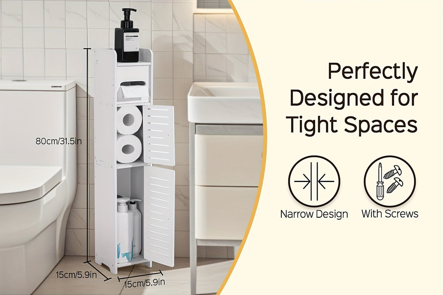 Slim Bathroom Storage Cabinet, PVC Toilet Paper Holder & Organizer for Small Spaces, Easy Assembly