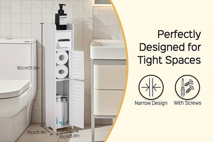 Slim Bathroom Storage Cabinet, PVC Toilet Paper Holder & Organizer for Small Spaces, Easy Assembly