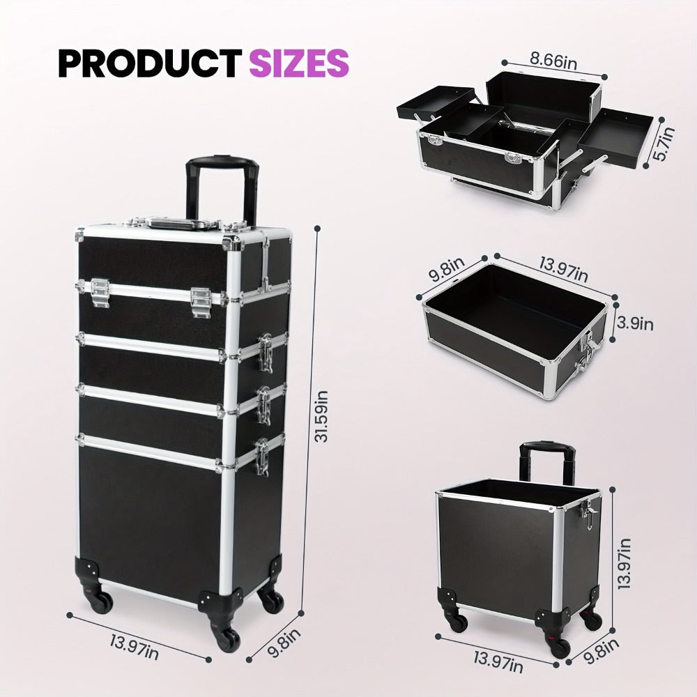 Rolling Makeup Train Case 4-in-1 Black Cosmetic Trolley with 360° Swivel Wheels & Makeup Sponges Set – Large Professional Salon Travel