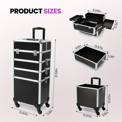 Rolling Makeup Train Case 4-in-1 Black Cosmetic Trolley with 360° Swivel Wheels & Makeup Sponges Set – Large Professional Salon Travel