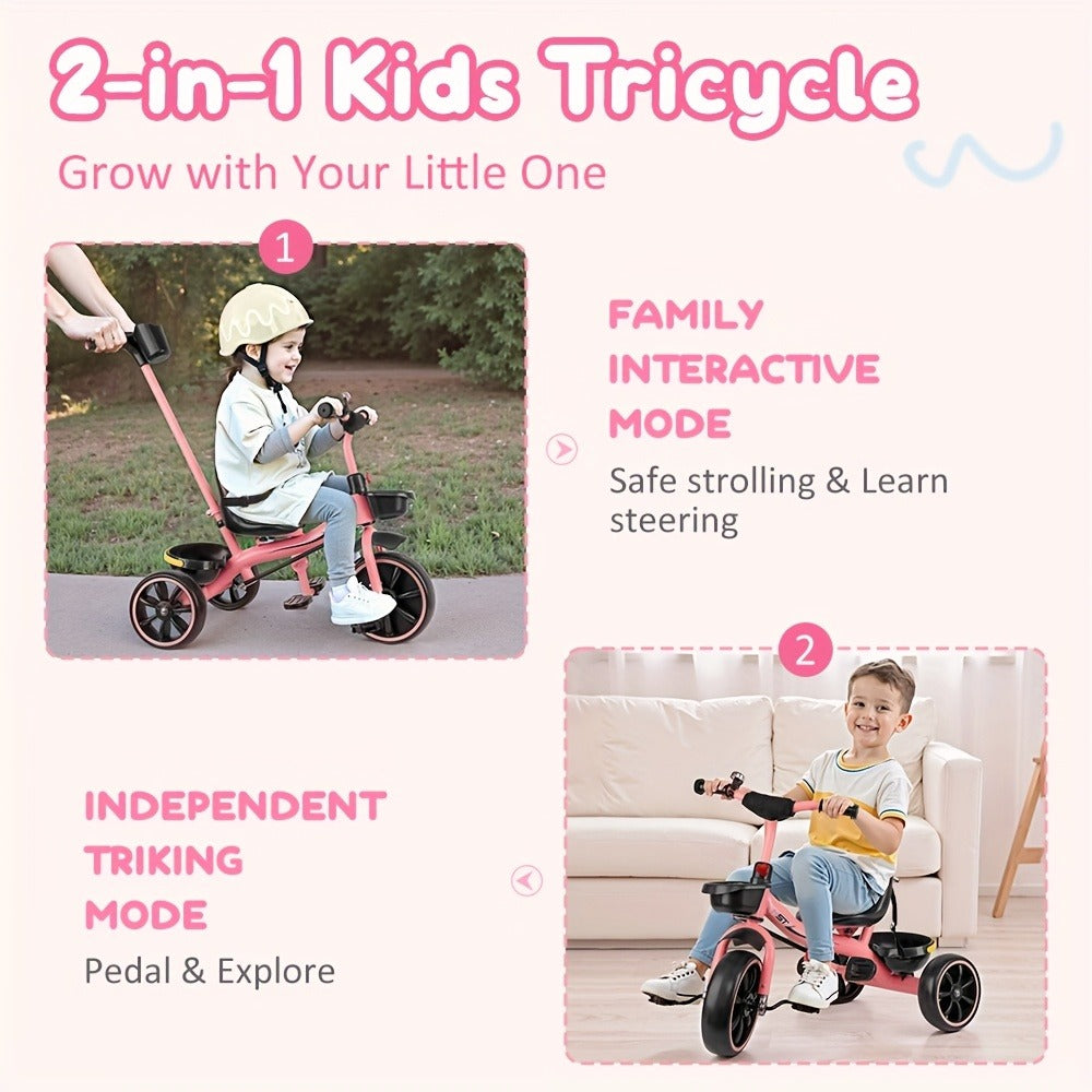 Push Handle Tricycle for Toddlers Girls Pink, 3 Wheel Trike Ages 18-60 Months with Padded Backrest