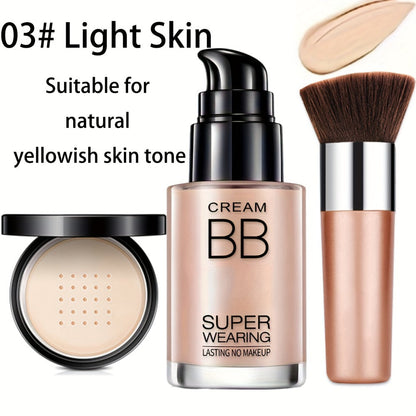 BB Cream Makeup Kit with Loose Setting Powder Brush & Sponge – Full Coverage Waterproof Long-Lasting Hydrating Foundation Set for All Skin