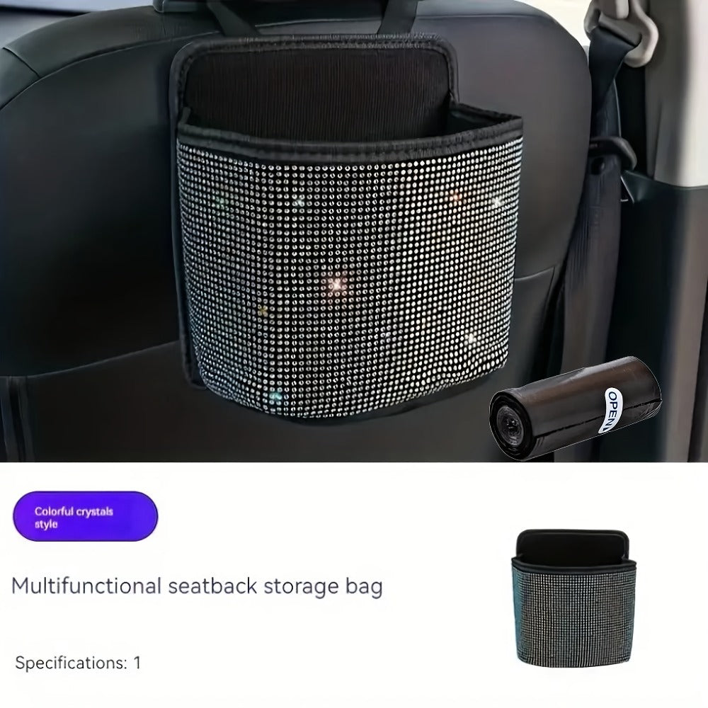 Hanging Rhinestone Car Trash Bin with Seat-Back Strap, 18 × 21 × 10 cm Size and One Liner Bag