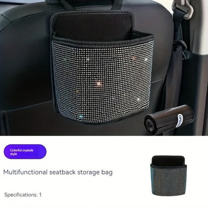 Hanging Rhinestone Car Trash Bin with Seat-Back Strap, 18 × 21 × 10 cm Size and One Liner Bag