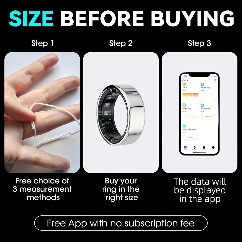 Screenless Smart Ring with Charging Case Options, Black, Gold or Silver Finish and Sizes 7–13