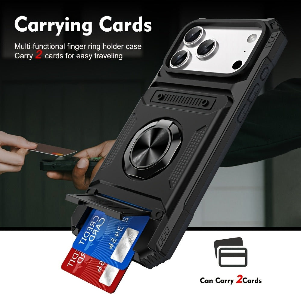 iPhone Card Slot Shockproof Case with Ring Holder & Kickstand – Wallet Phone Cover for iPhone 17 17 Air 17 Pro Max 16 15 14 13 12 11 Pro Max