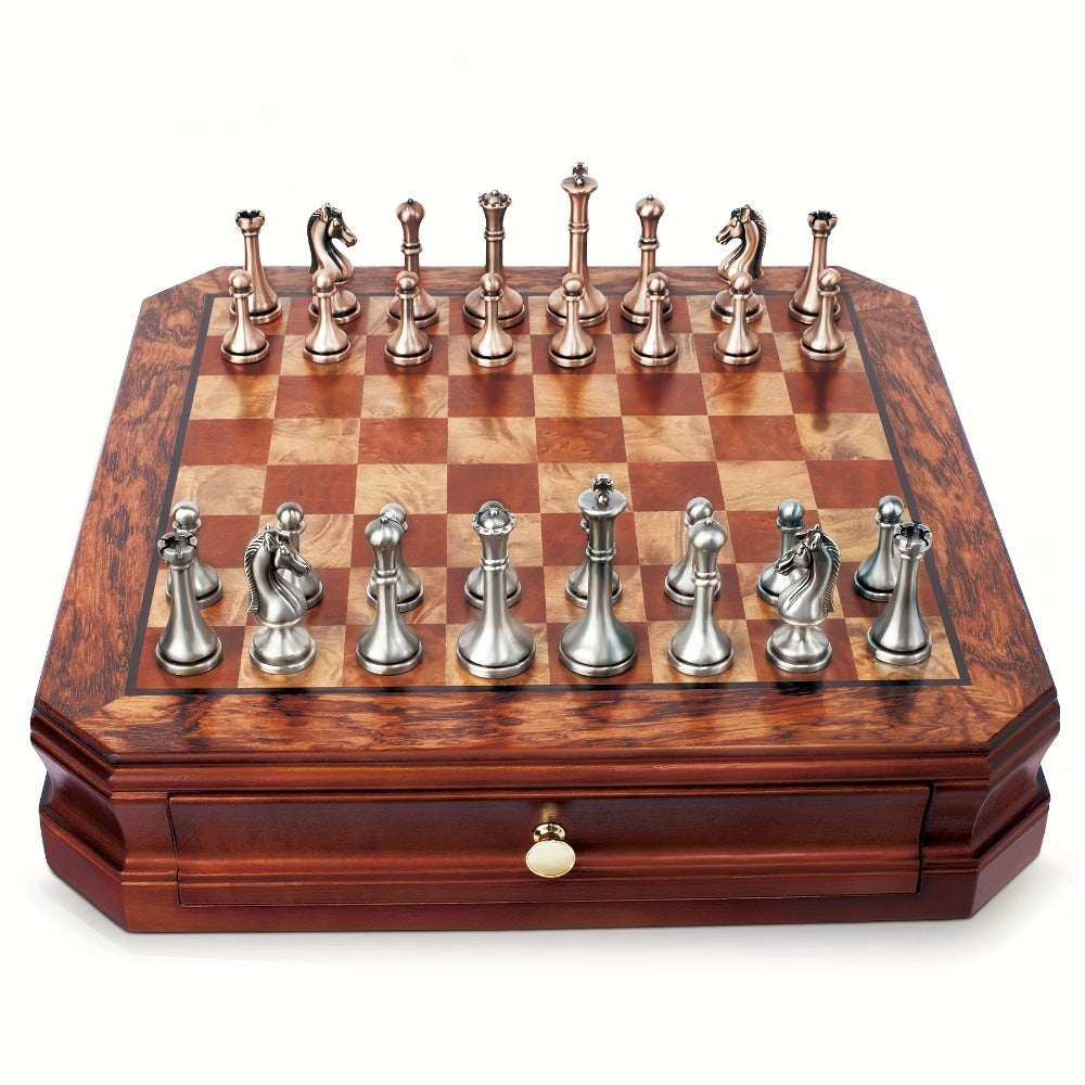 Wooden Chess Set with Metal Pieces & Storage Drawers 12 Inch – 2.5" Kings 2 Extra Queens Vintage Mahogany Board for Adults Beginners