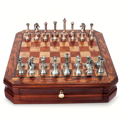 Wooden Chess Set with Metal Pieces & Storage Drawers 12 Inch – 2.5" Kings 2 Extra Queens Vintage Mahogany Board for Adults Beginners