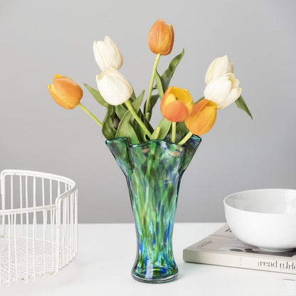 Hand Blown Glass Vase Colorful Wide Mouth, Teal Green Art Glass Flower Vase for Fresh Flowers & Spring Arrangements