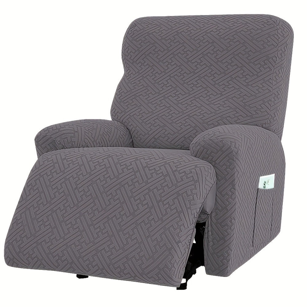 Four-Piece Maze Jacquard Recliner Chair Cover Set with Side Pocket and Nine Solid Color Options